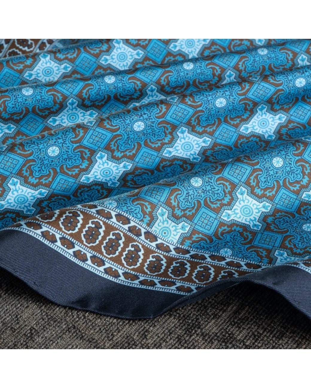 Otway & Orford Blue 'Arabesque' Tile Design Silk Pocket Square for men