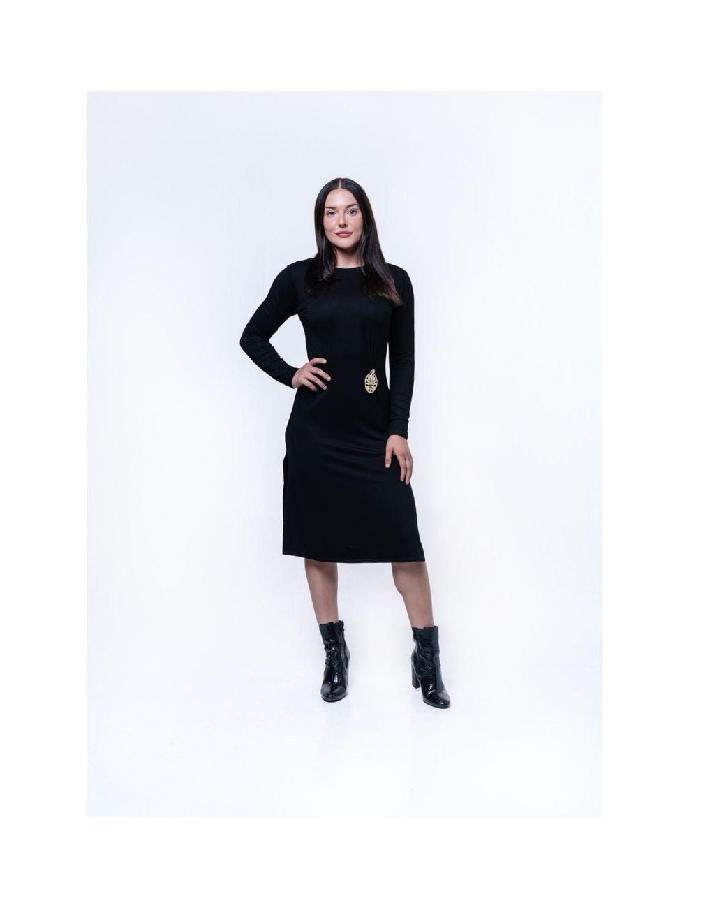 House of Gl Black Onyx Luxury Stretch Knit Long Sleeve Midi Dress With Lotus Emblem