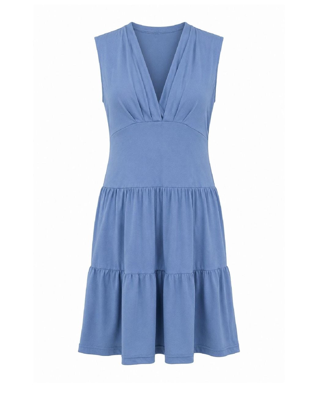 Conquista Blue Pleated V-Neck Flounce Dress