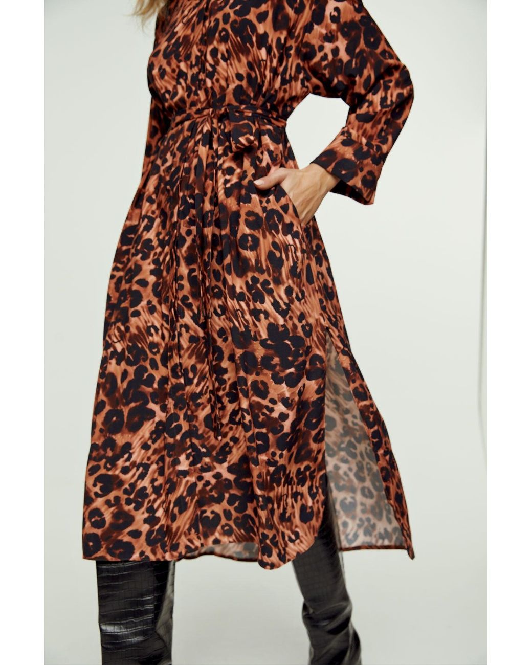 Conquista Red Animal Print Midi Dress With Side Slits
