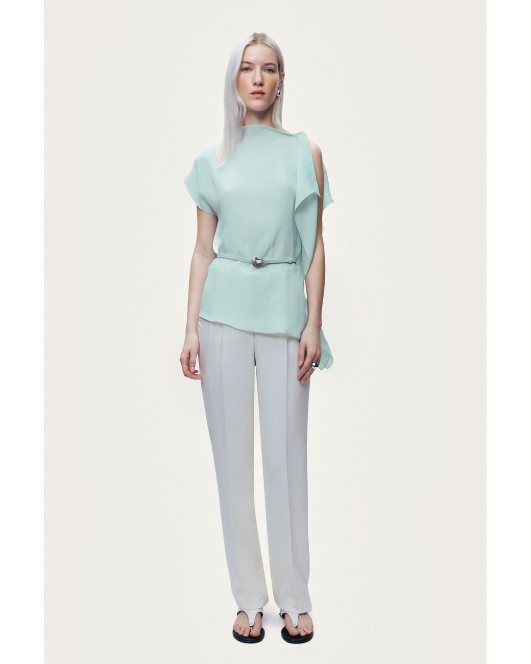 Nocturne Green Belt Detail Asymmetric Blouse