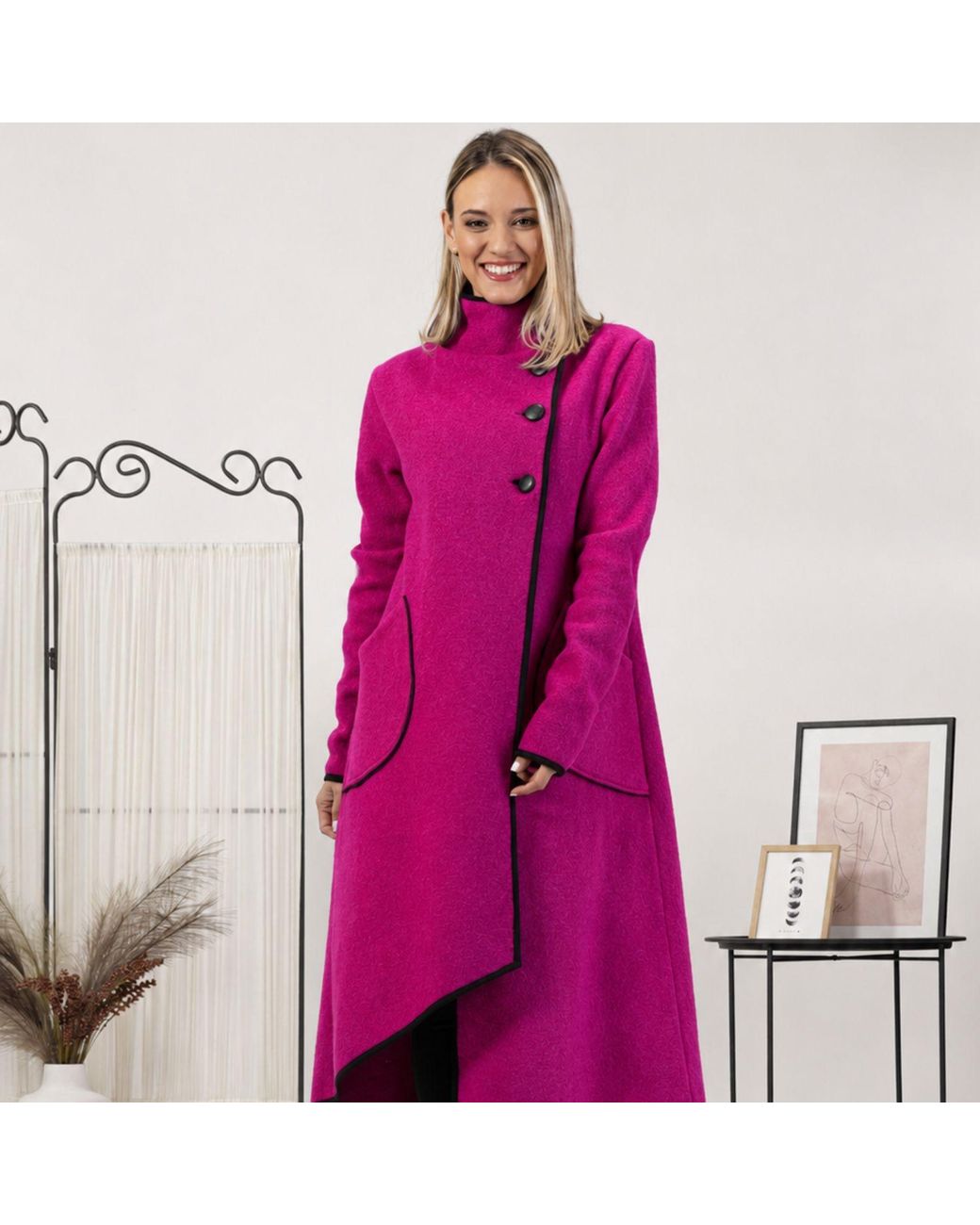 Nikka Place Pink Boiled Wool Buttoned Cardigan With Big Pockets