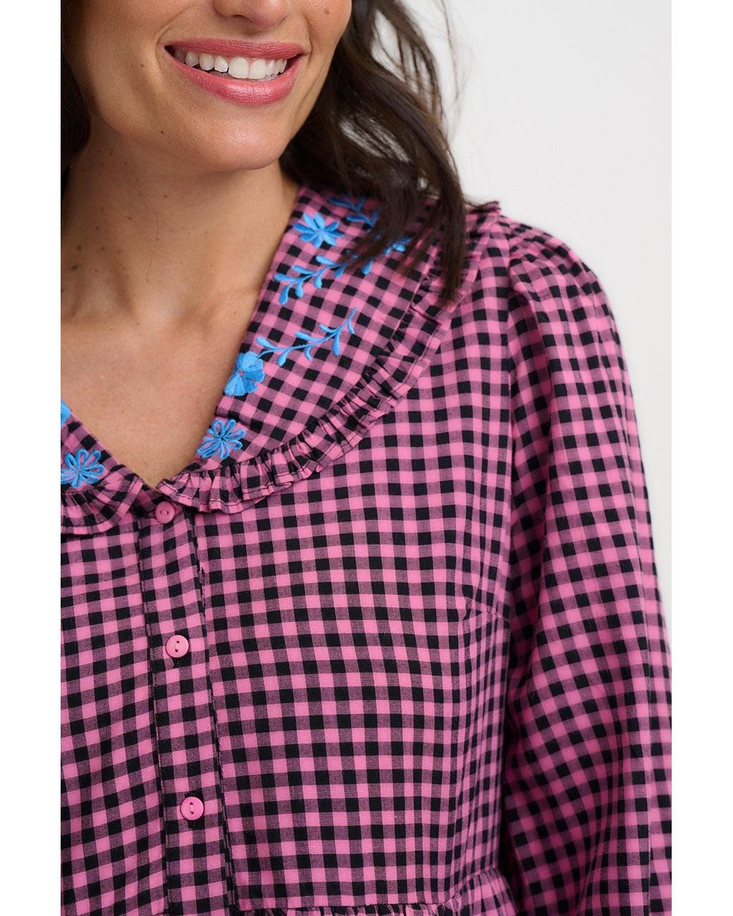 Sugarhill Red Ondrea Short Smock Dress Rose Gingham Floral Embroidery
