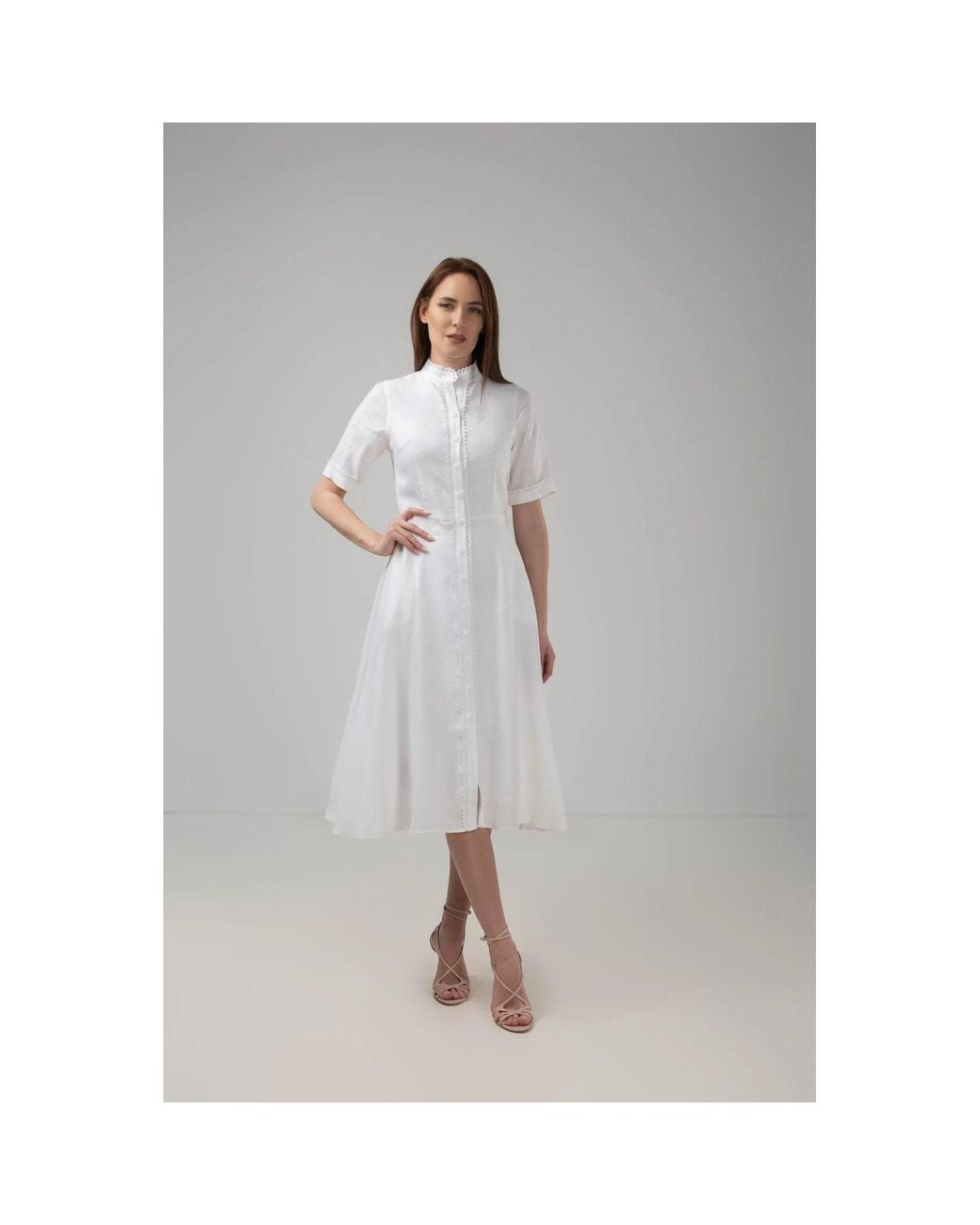 IZABELA MANDOIU Gray Elegant Linen Lace Trim Midi Dress