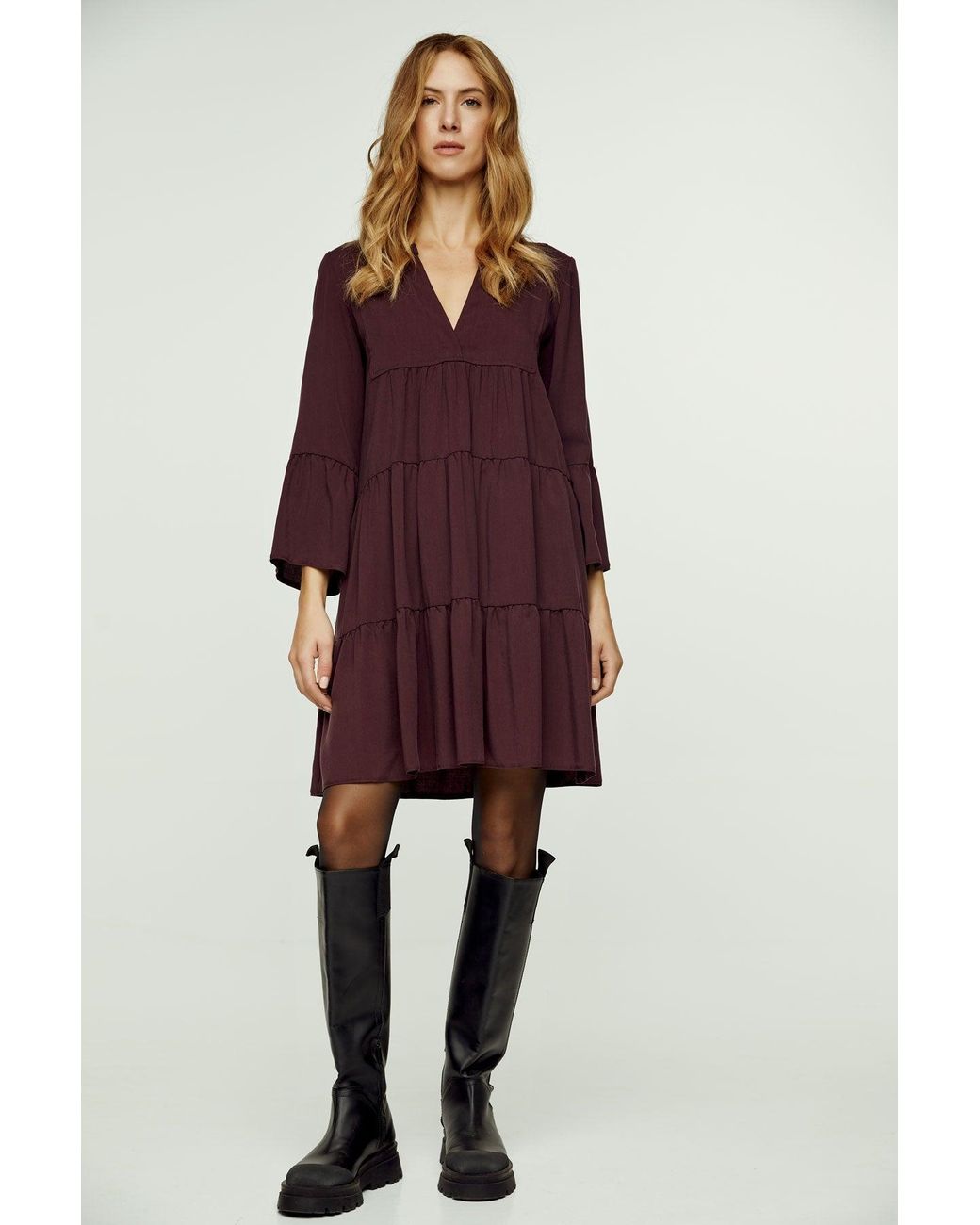 Conquista Purple Dark Burgundy Tencel Gathered Seams Dress