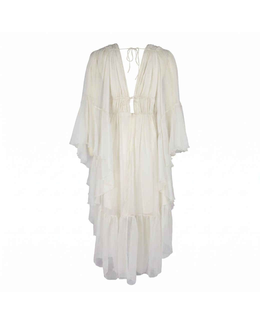 Modenaire White Vacation Style Ruffle Sleeve Maxi Dress With Plunging Neck & Tie Waist
