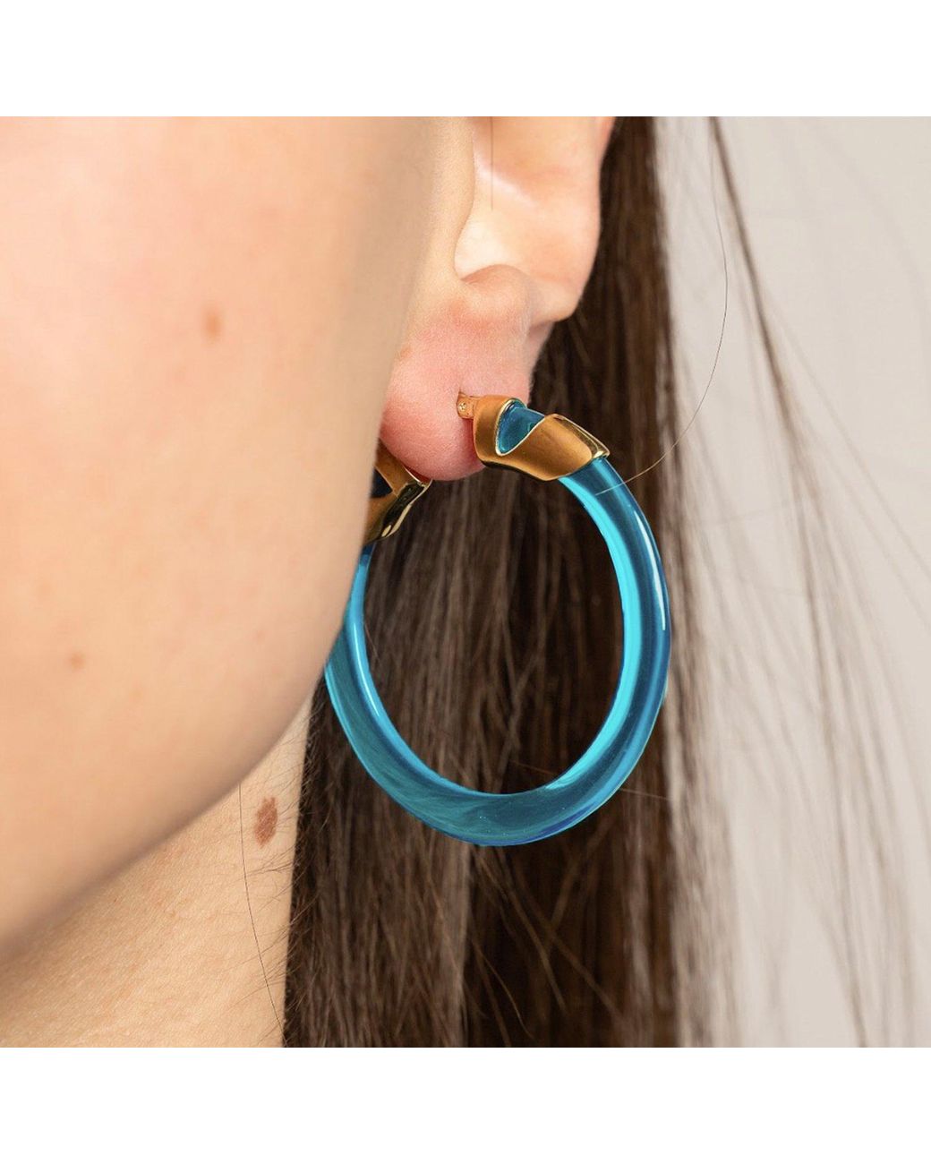Gold & Honey Blue Aquamarine Classic Flat Lucite Birthstone Hoop Earrings