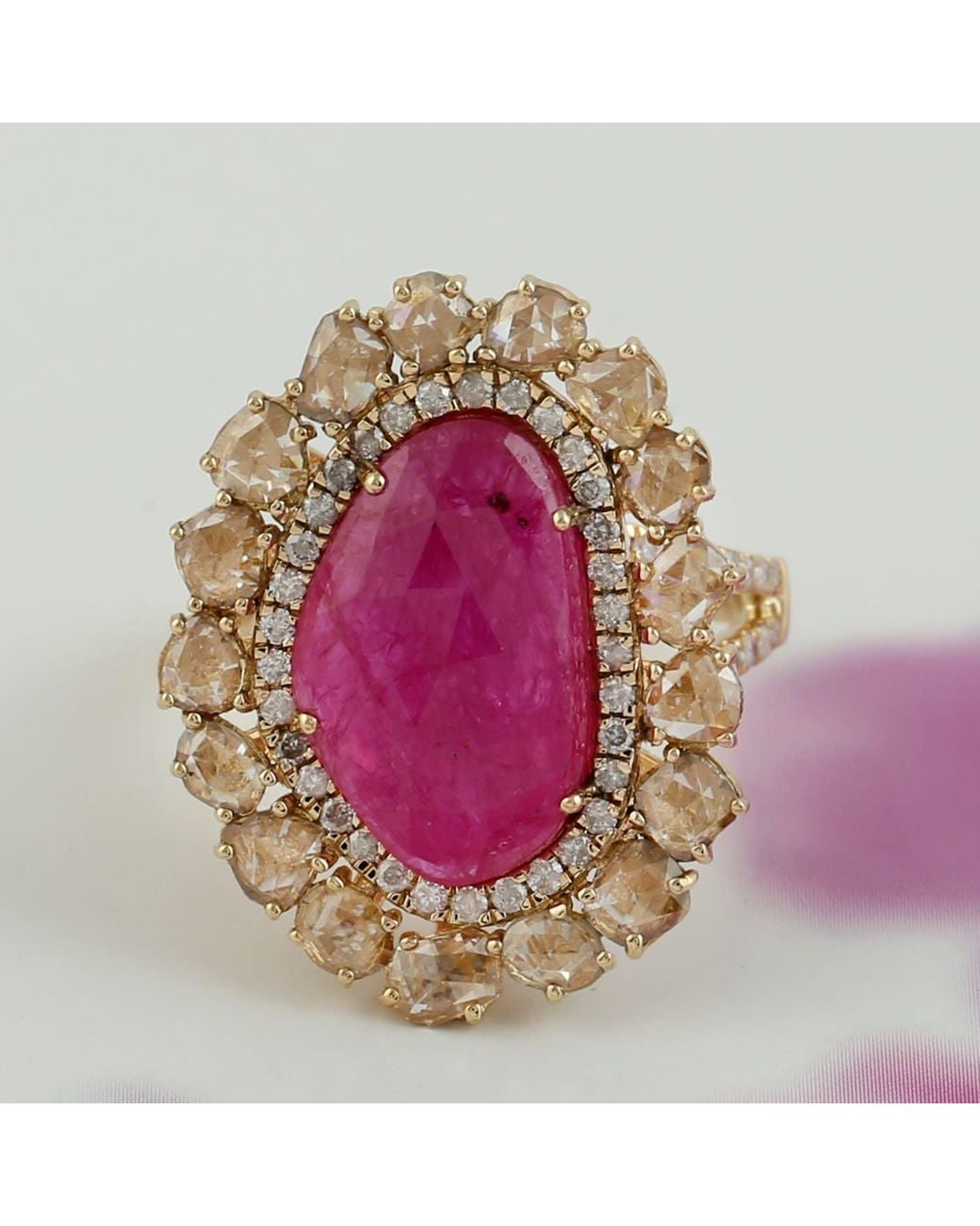 Artisan Pink 18K Oval Ruby Ring With Ice Diamond Halo & Split Shank