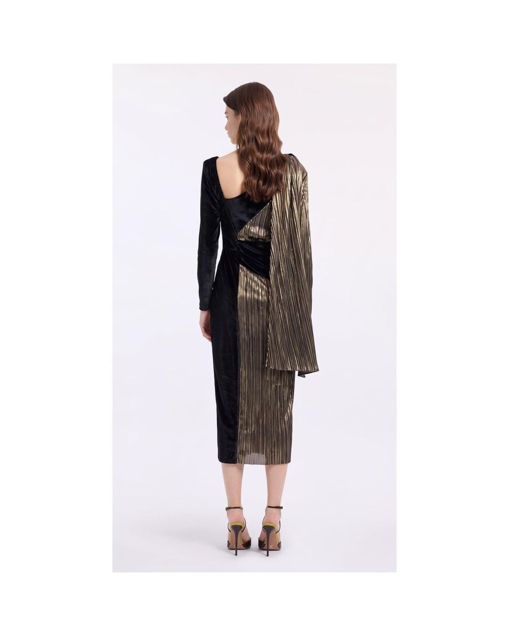 concept A trois Multicolor Bronze Velvet And Plissé Midi Dress With Detachable Scarf