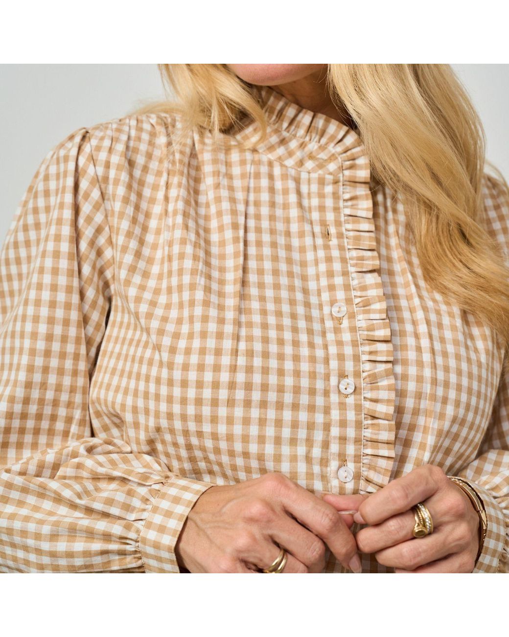 Luella Fashion Multicolor Neutrals Braemar Cotton Blouse Stone Gingham Pattern