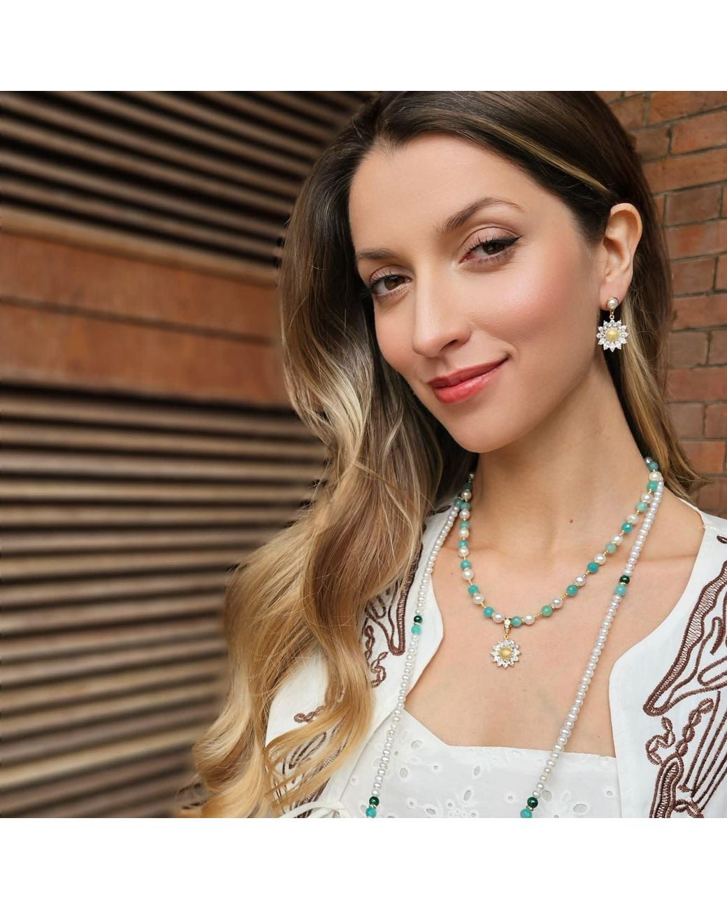 Farra Metallic Zircon Daisy Dangle With Pearl Stud Earrings