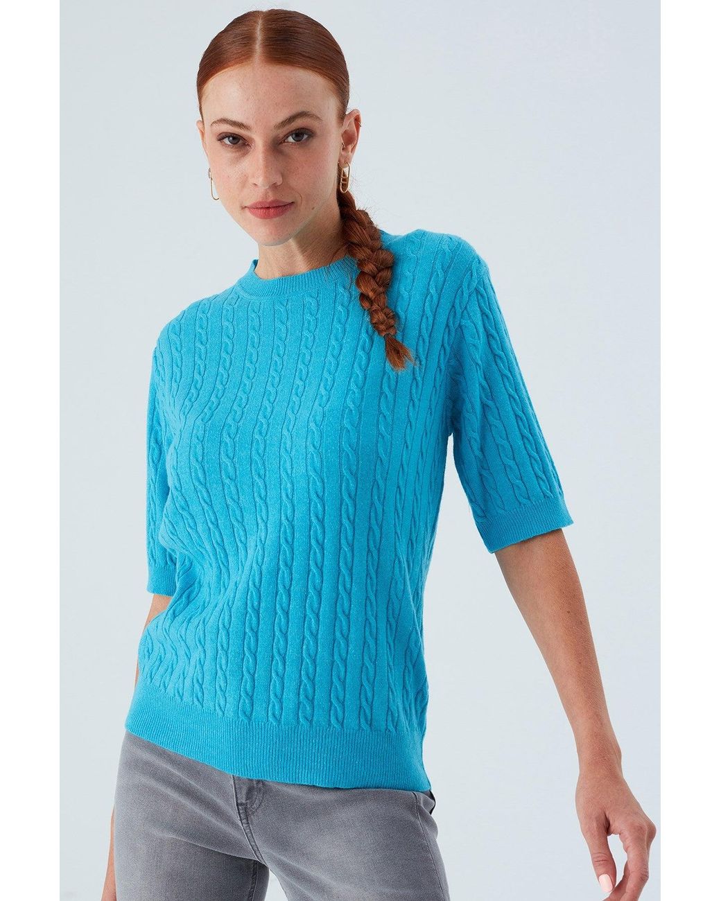 Peraluna Blue Nicole Cable Knit Cashmere Blend Short Sleeve Blouse