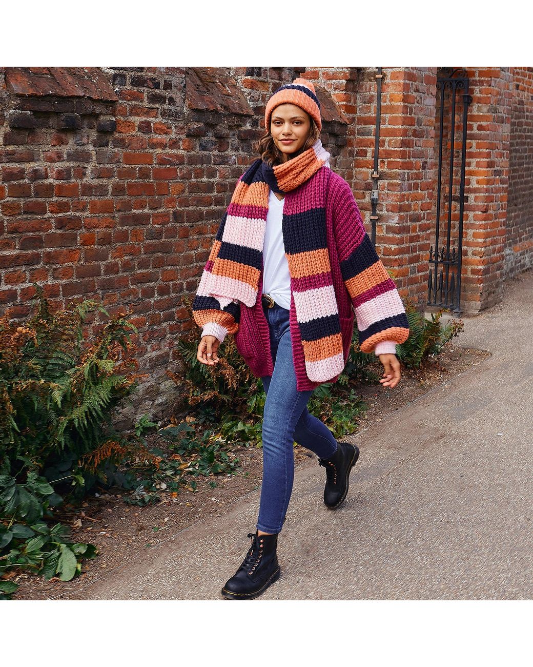 Cara & The Sky Orange Phoebe Stripe Beanie Bobble Hat