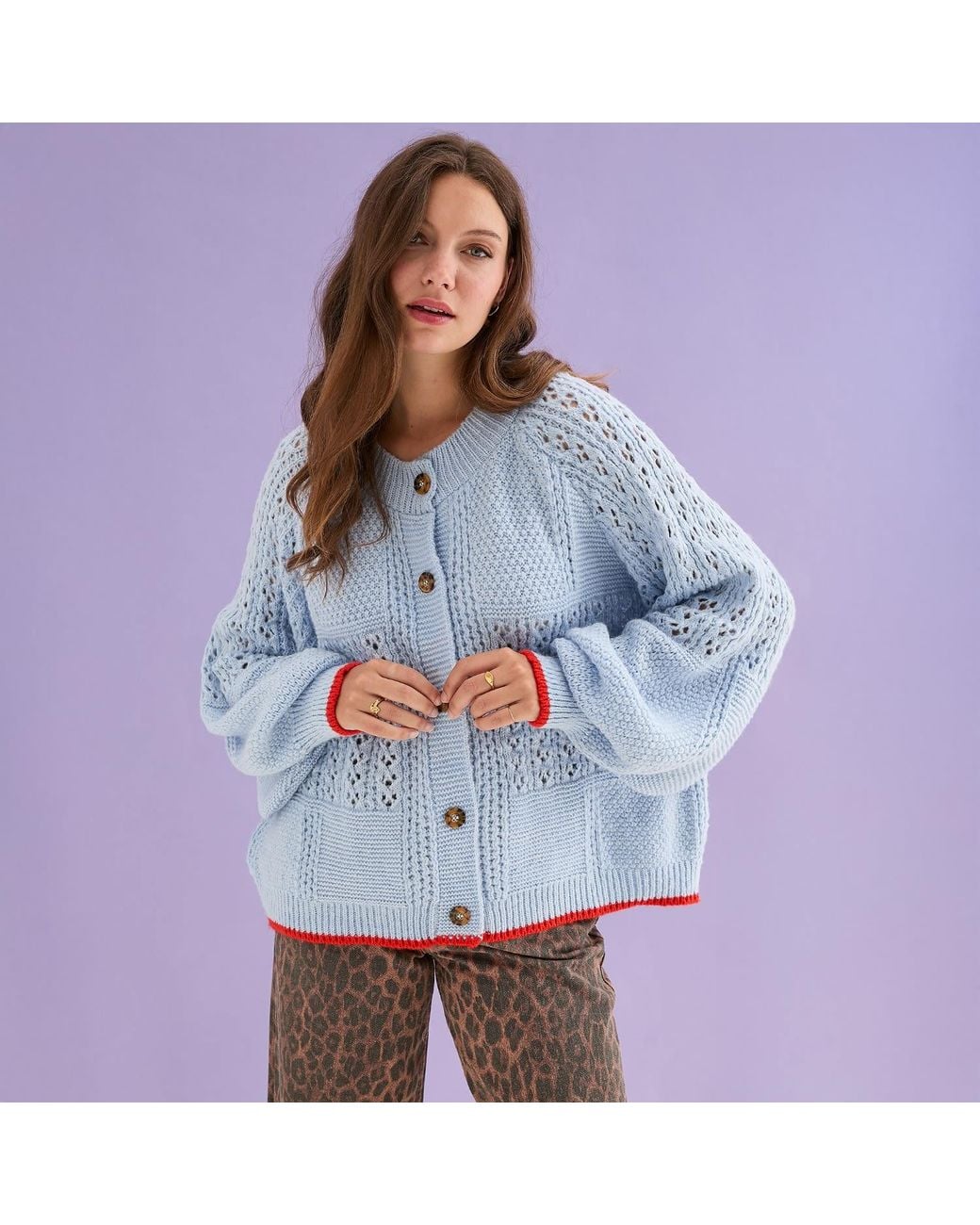 Cara & The Sky Blue Brigit Pointelle Stitch Balloon Sleeve Cardigan