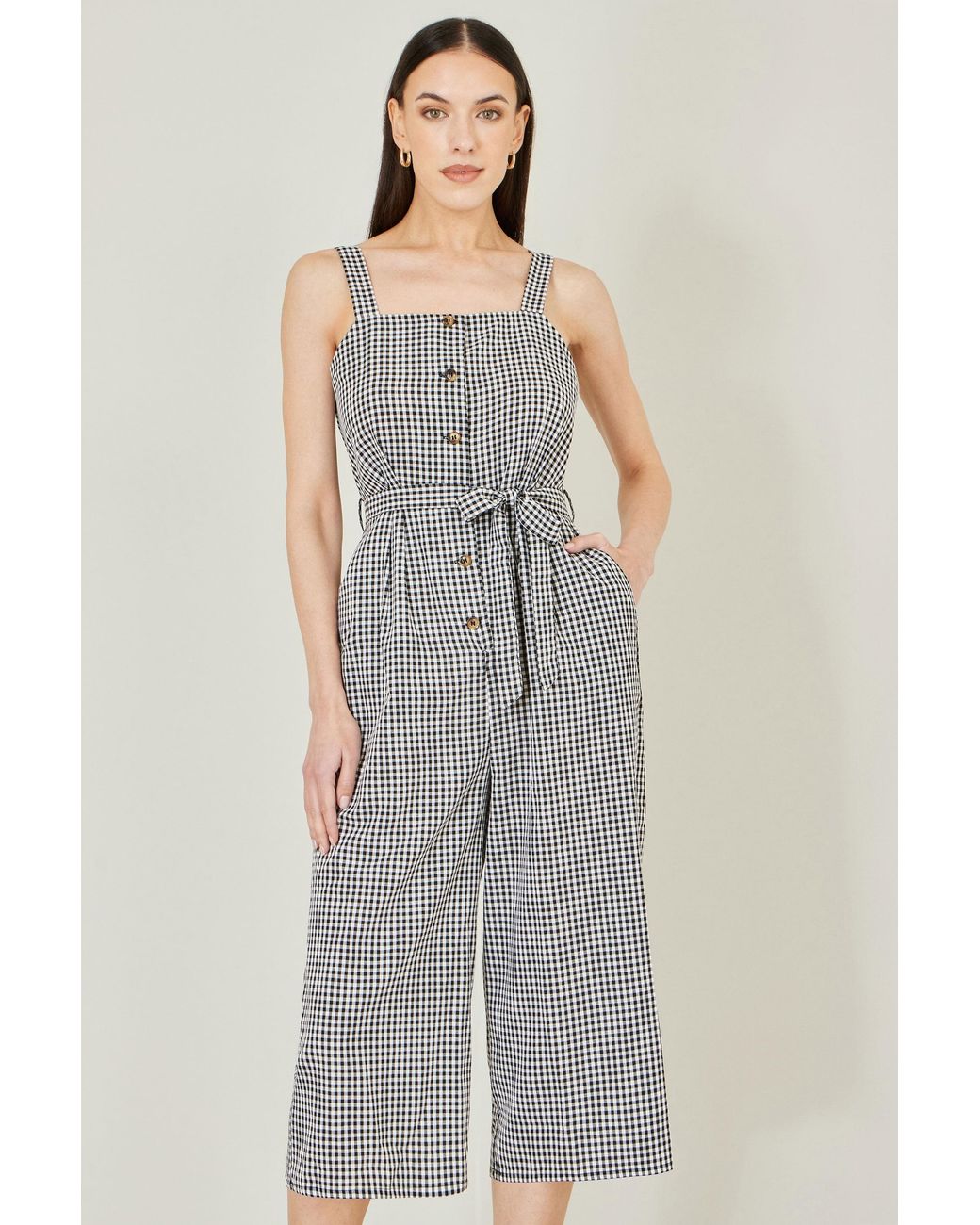 Yumi' Gray Gingham Button Through Jumpsuit