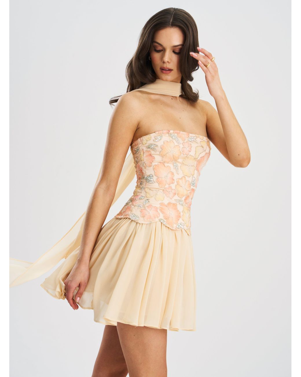 Miss Circle New York Natural Quanisha Beaded Floral Mini Chiffon Dress With Scarf