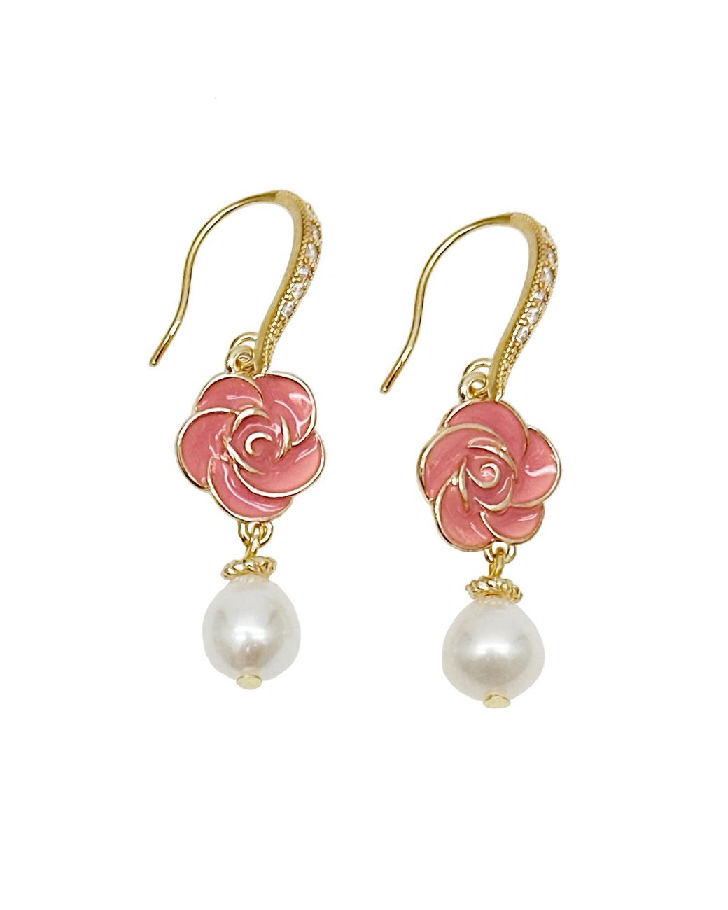 Farra Metallic Timeless Rose With Freshwater Pearls Dangle Earrings