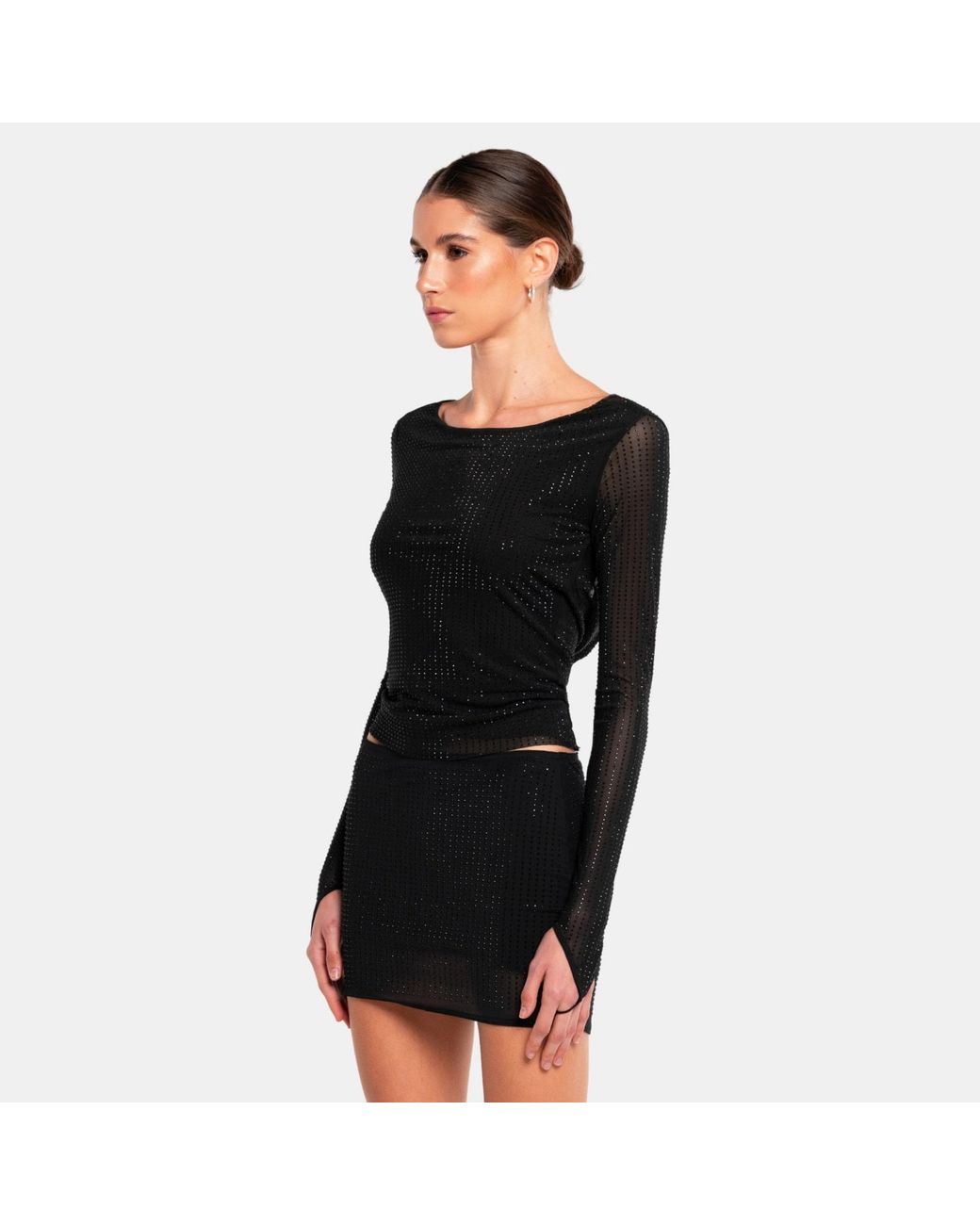 OW Collection Black Mesha Open Back Rhinestone Blouse
