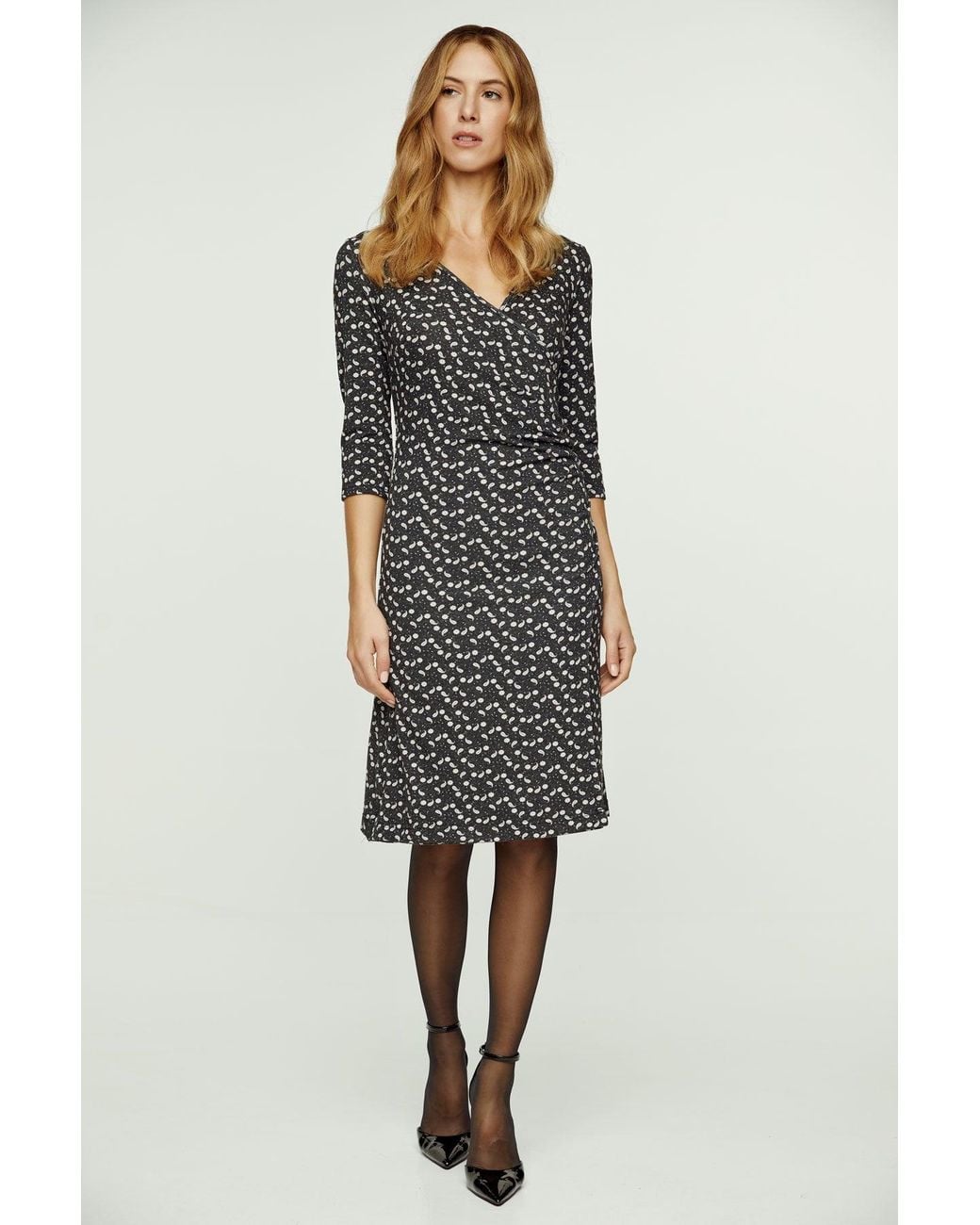 Conquista Black Print Faux Wrap Wool Dress