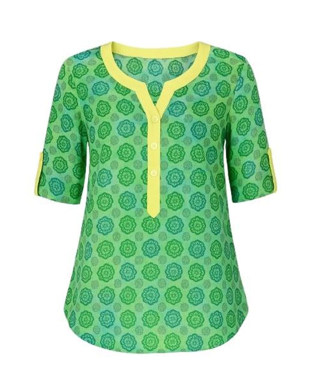 Conquista Green Print Poplin Top With Trim