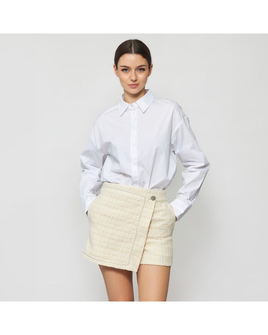 Solgo Atelier Gray Neutrals Pogonia Tweed Bouclé Skort With Beaded Trim