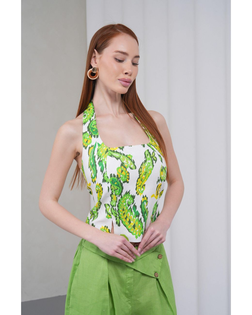Lumina Eligma Green The Halterline Linen Blouse