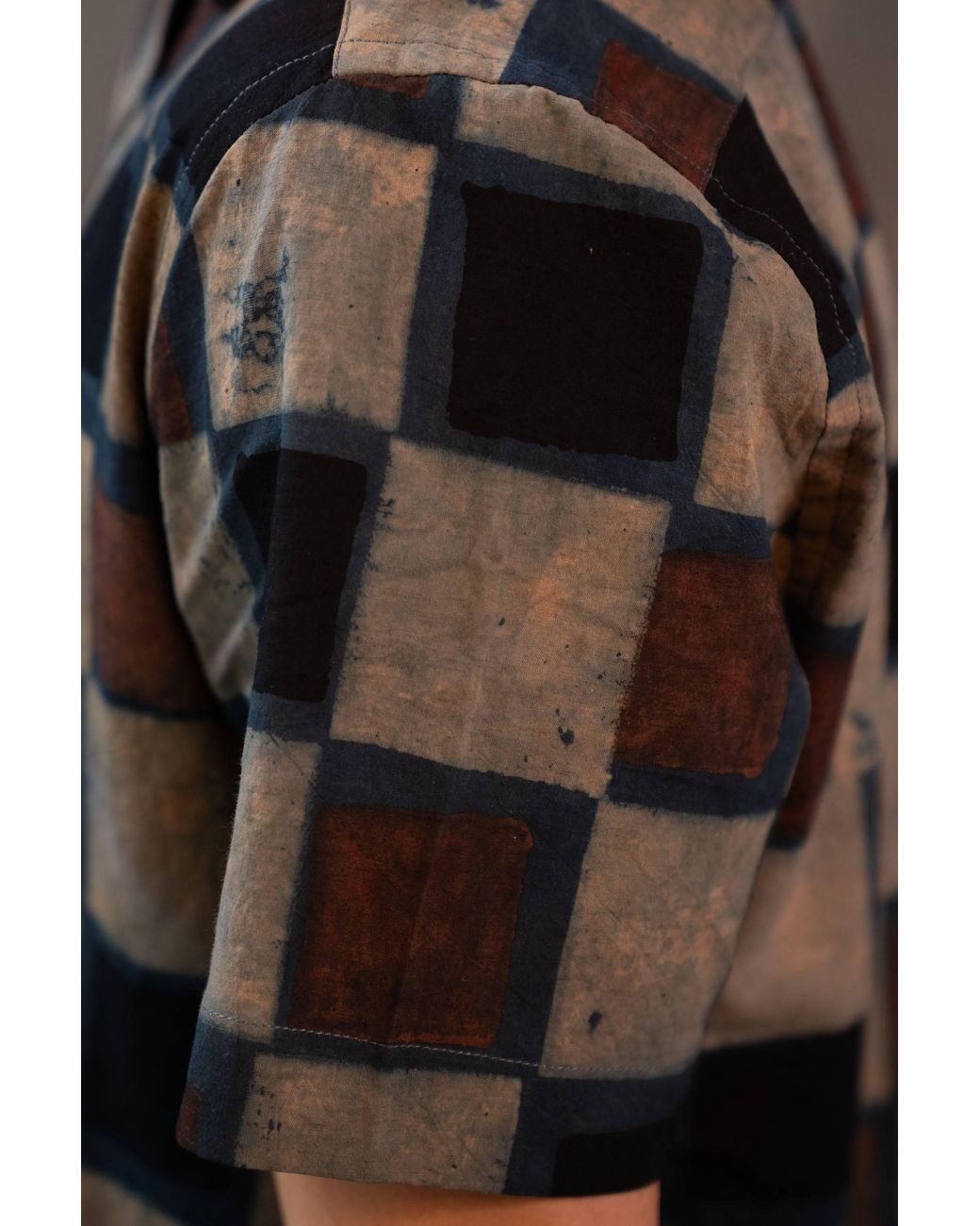 Stovaria Black Camp Collar Half Sleeve Organic Cotton Shirt With Natural Dye Handblock Squares for men