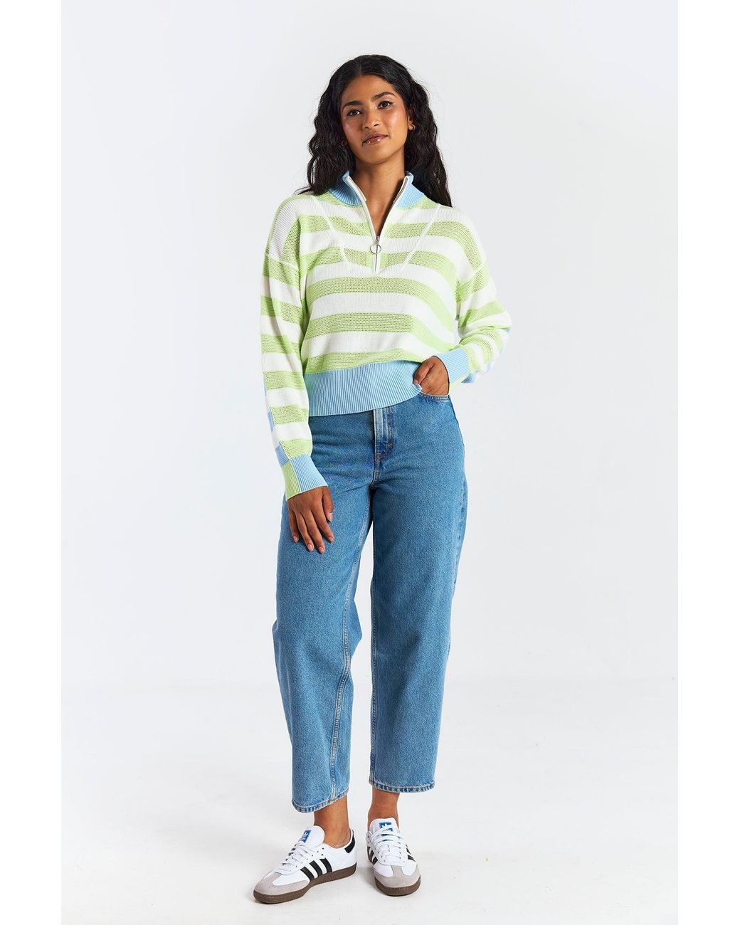 Brodie Cashmere Green Mesh Stripe Half Zip