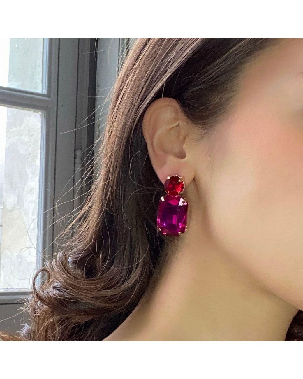 Michael Nash Jewelry Pink Adelle Fuschia Crystal Ocatgon And Ruby Round Stone Drop Earrings