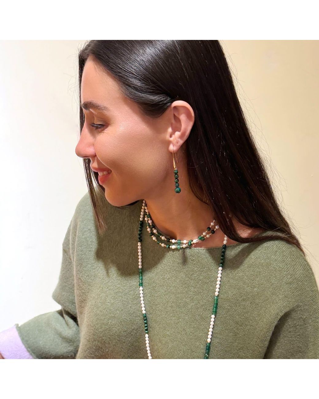 Farra Green Malachite Beaded Threader Earrings