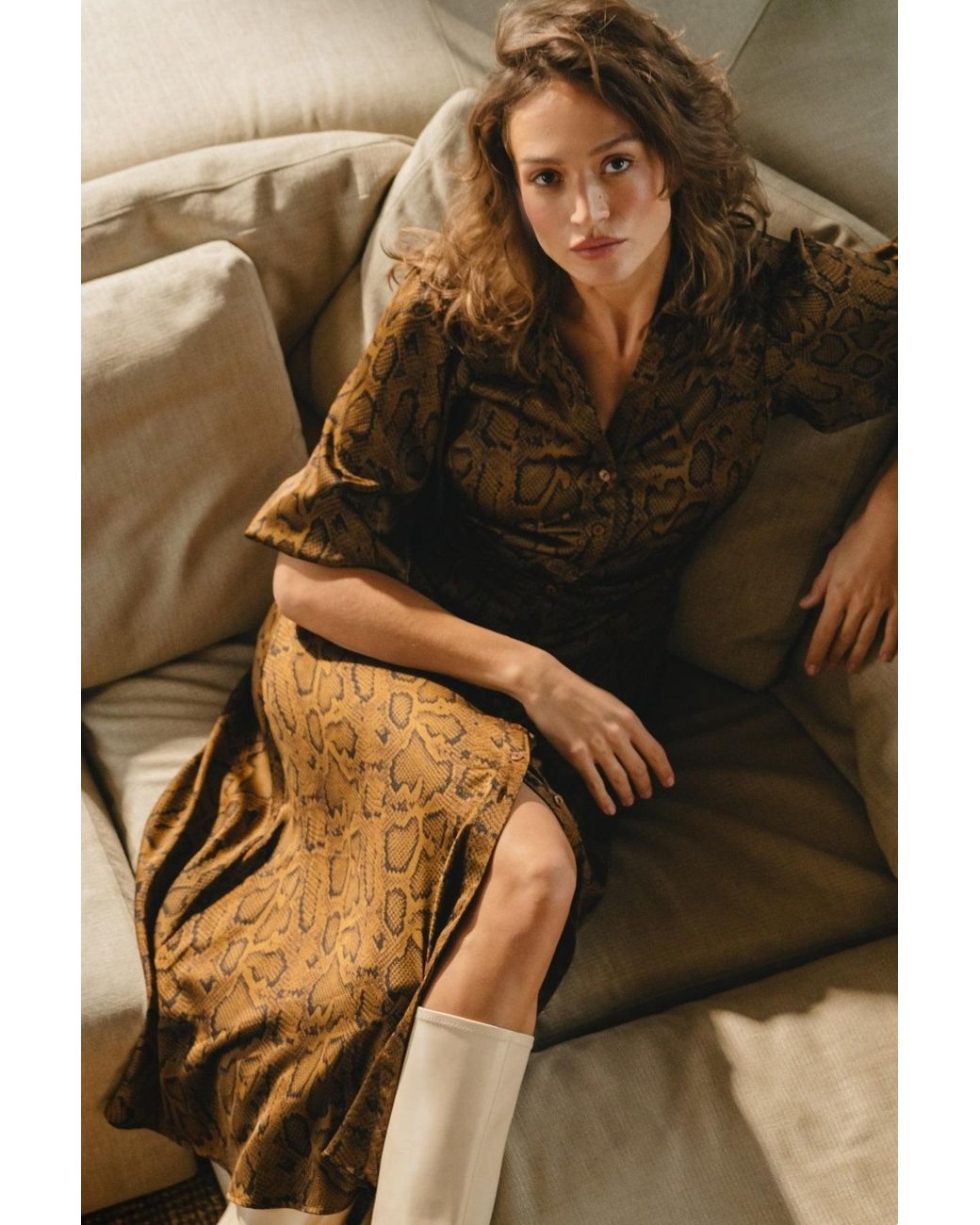Traffic People Brown The Reimagined And Snakeskin Print Frida Midi Dress