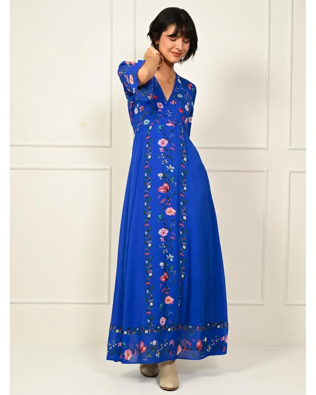 Rose & Nancy Blue Tory Botanical Floral Border Print Maxi Dress