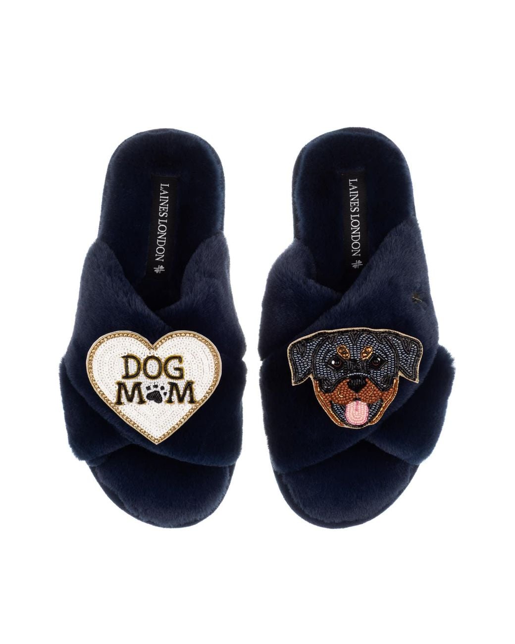 Laines London Blue Classic Laines Slippers With Dog Mum Mom & Rottweiler Brooches