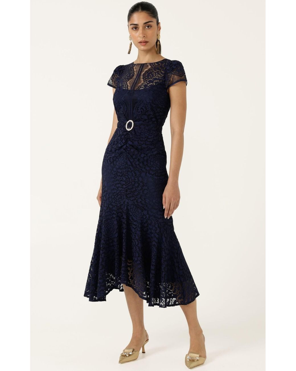 SACHA DRAKE Blue Affair Of Honour Scalloped Lace Midi Dress