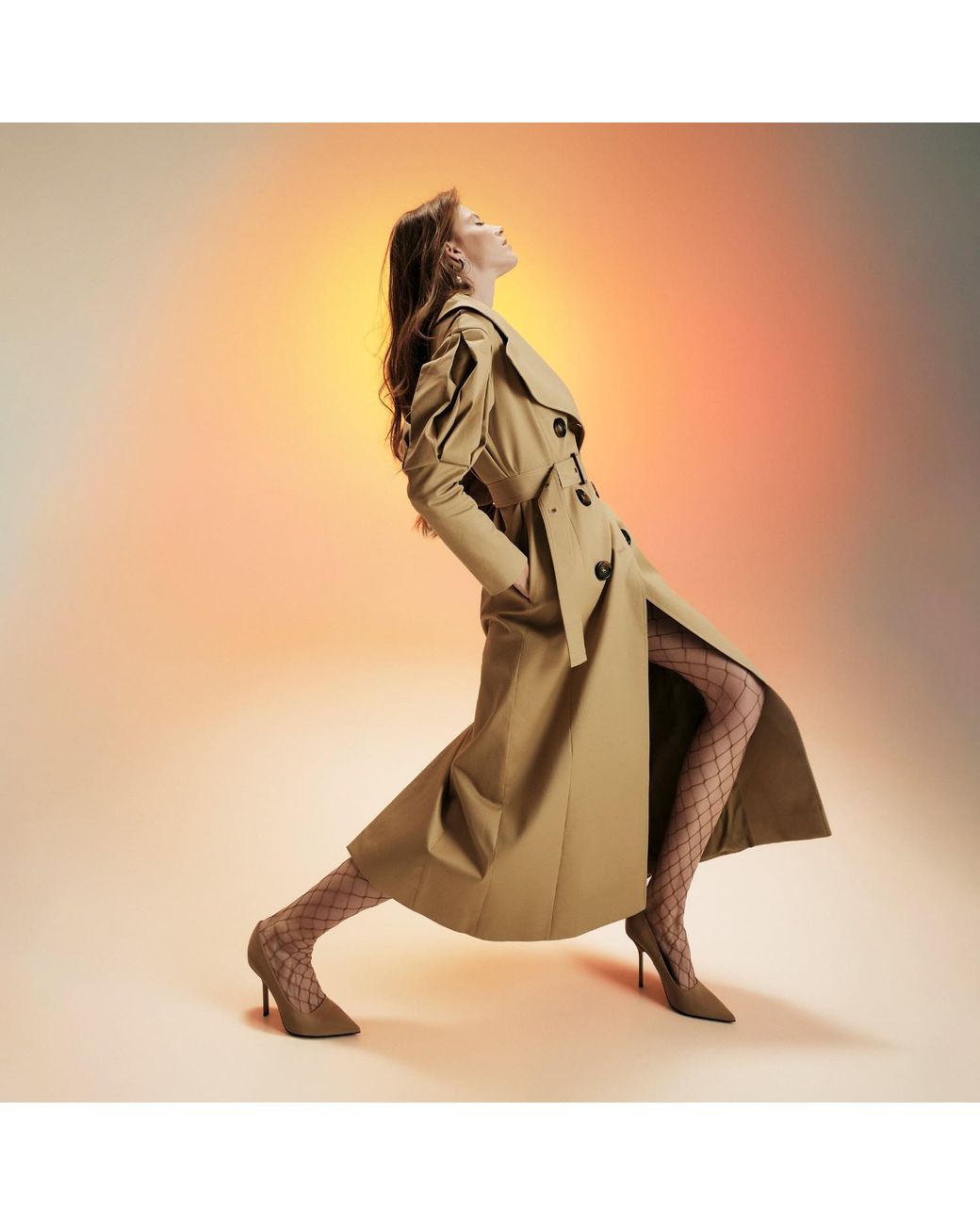 Lita Couture Natural Statement Pleated Shoulders Trench Coat