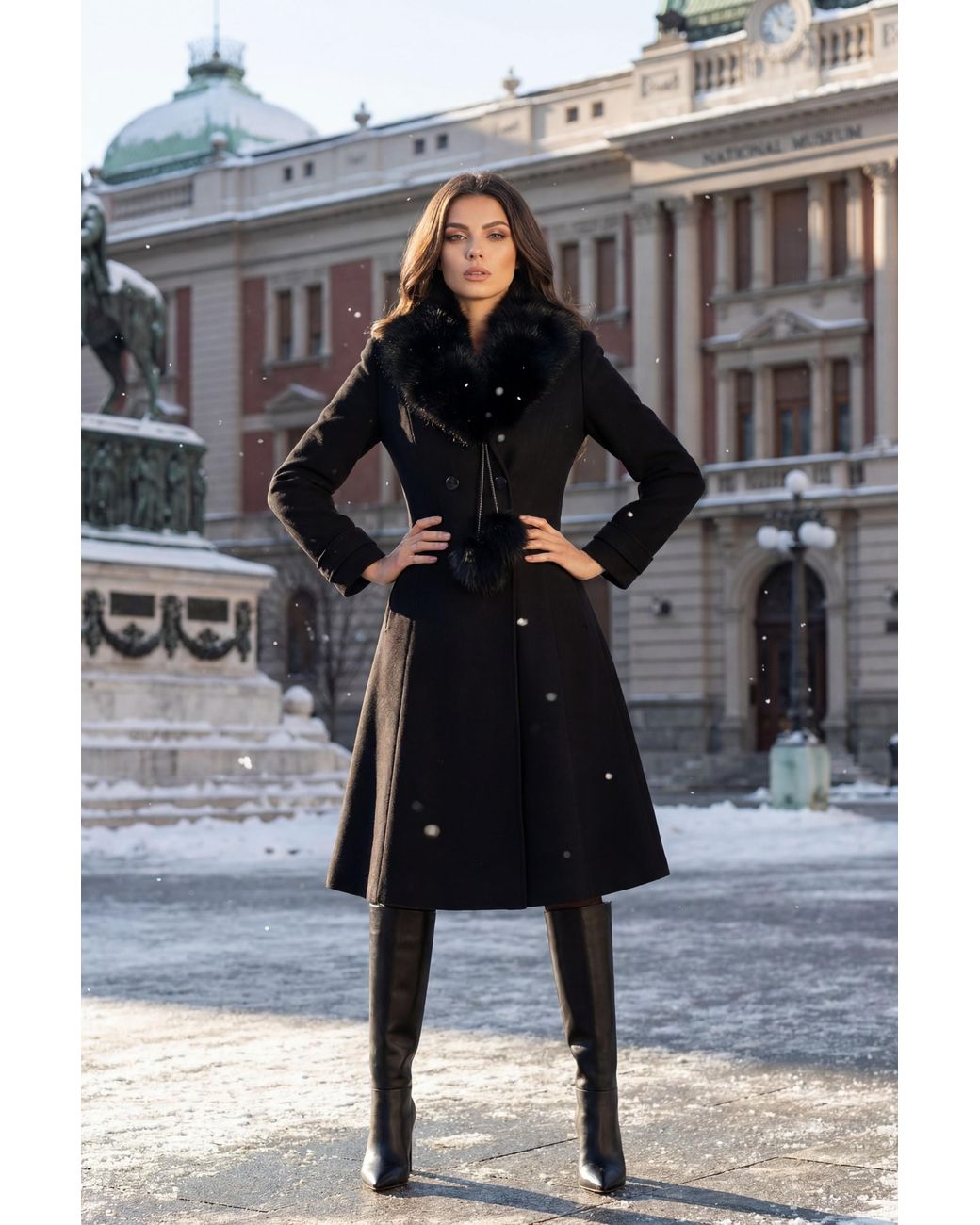 Luna Fashion House Black Wool Coat With Fur Collar, Lucy