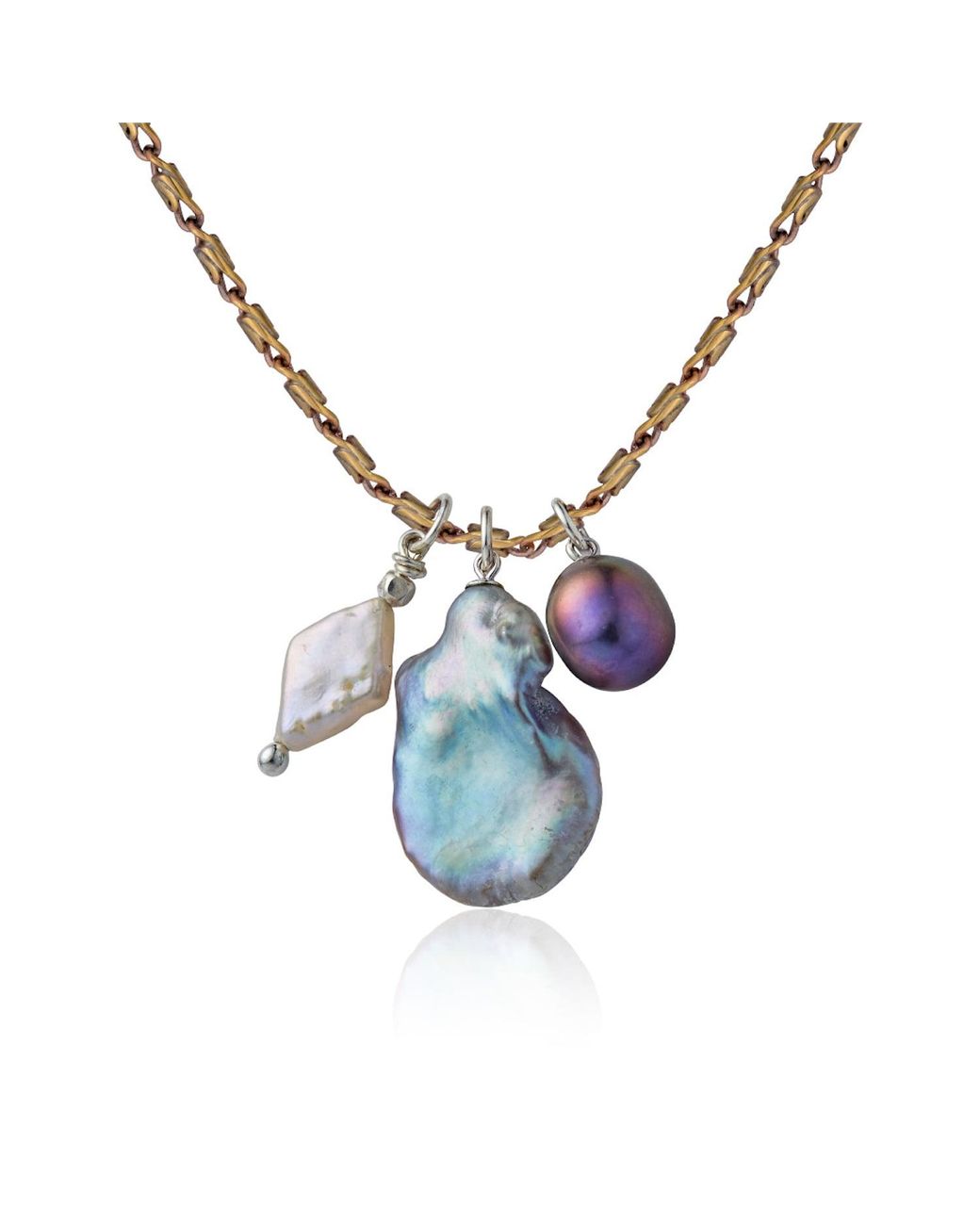 Cartography Metallic Confluence: Trio Of Pearls On Vintage Brass Chain