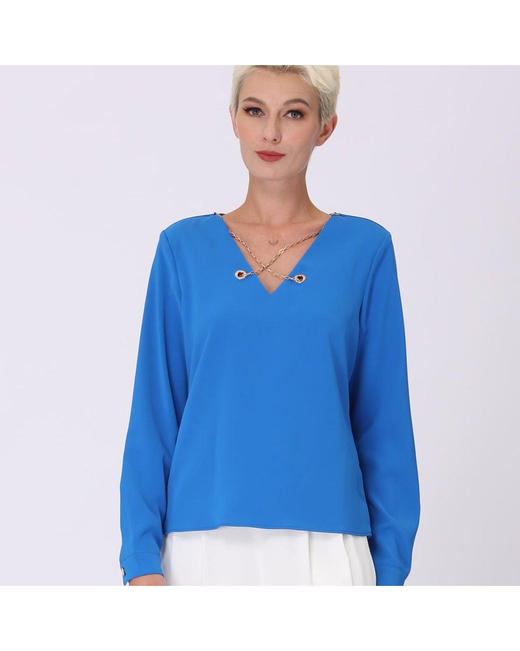 Smart and Joy Blue V-Neck Blouse And Decorative Chain