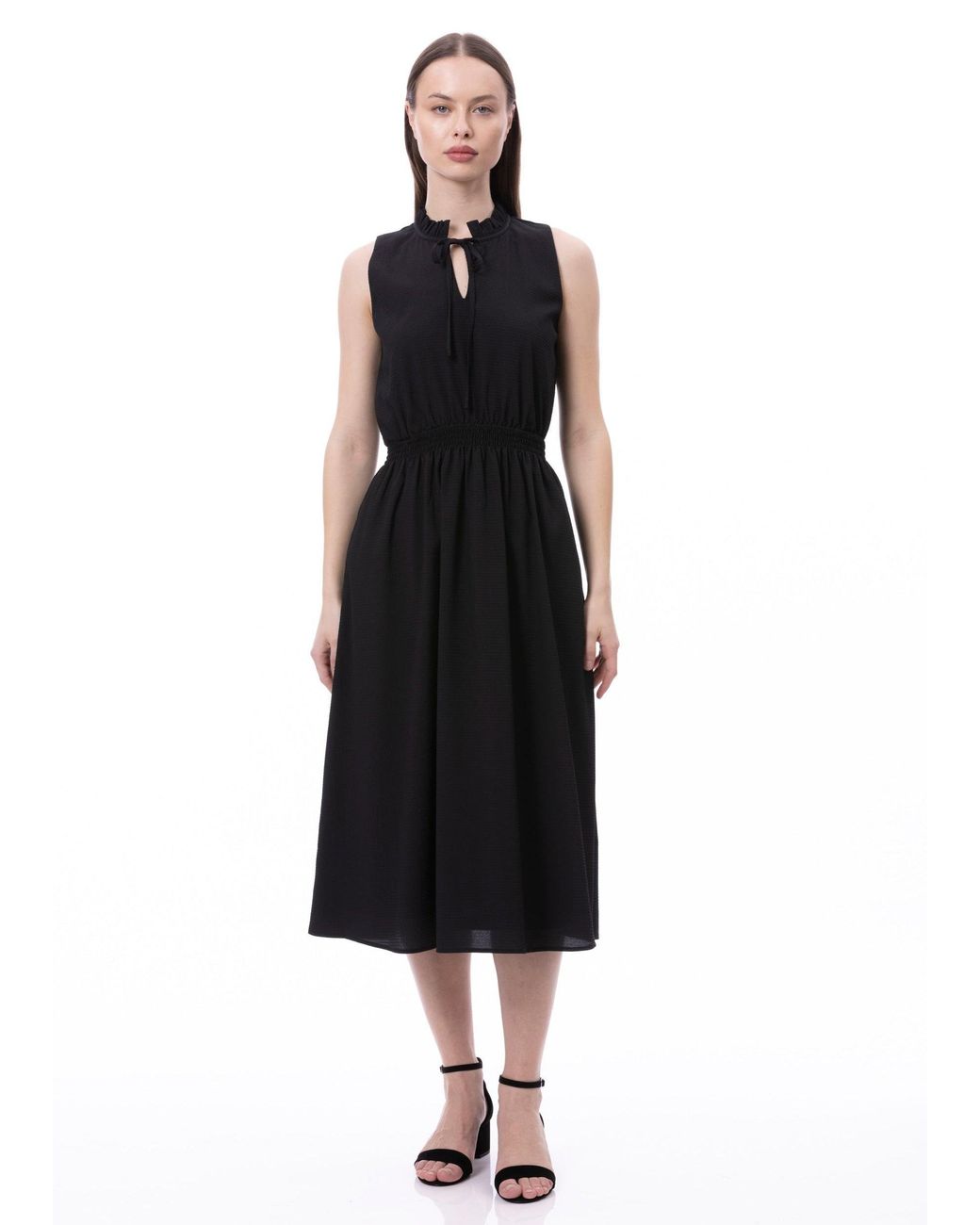 Carloslines Blue Sleeveless Smocked Waist Tie Front Dress With Pockets
