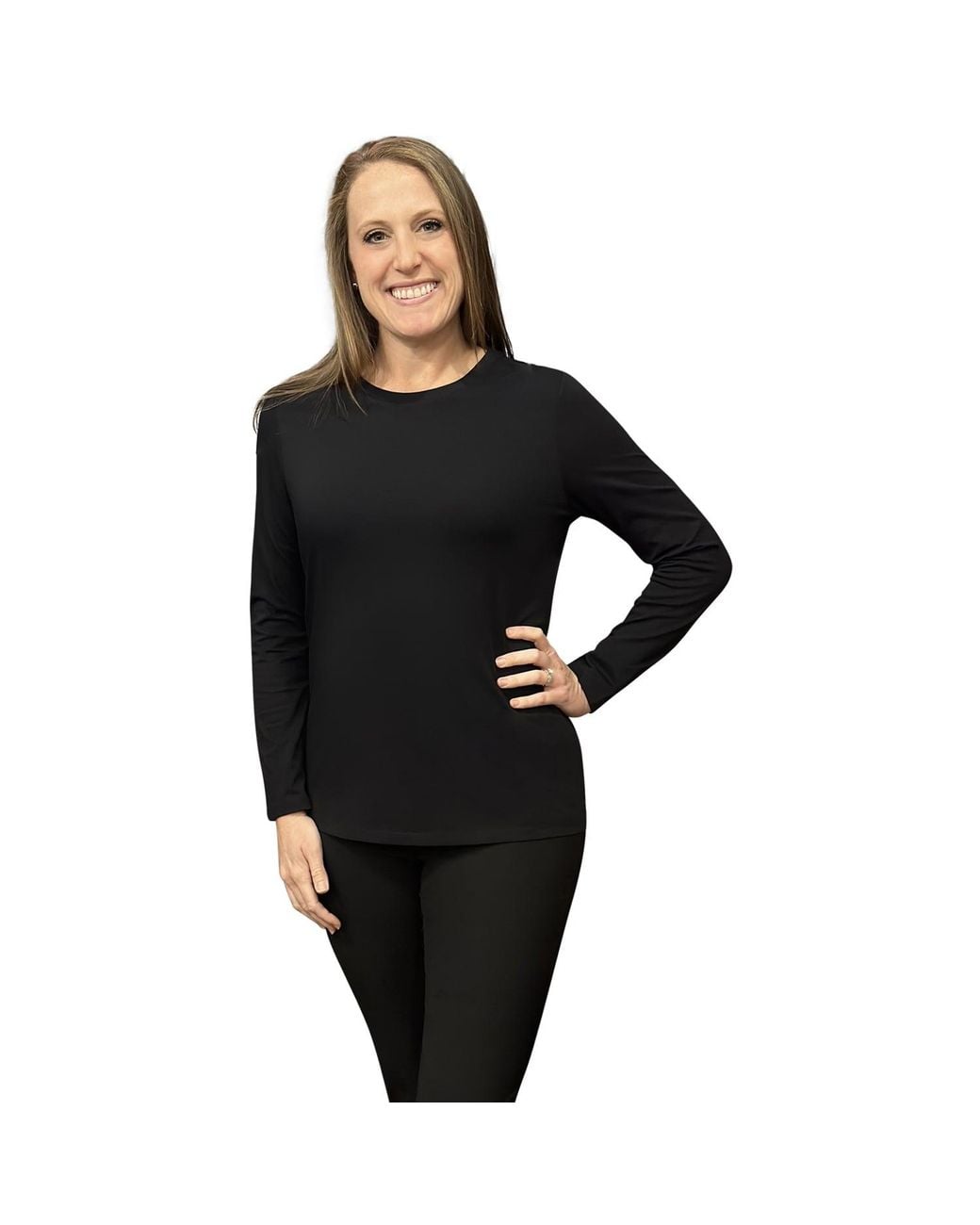 Perlavera Blue Tanya Solid Cotton Spandex Long Sleeve Length Crew Neck T-Shirt