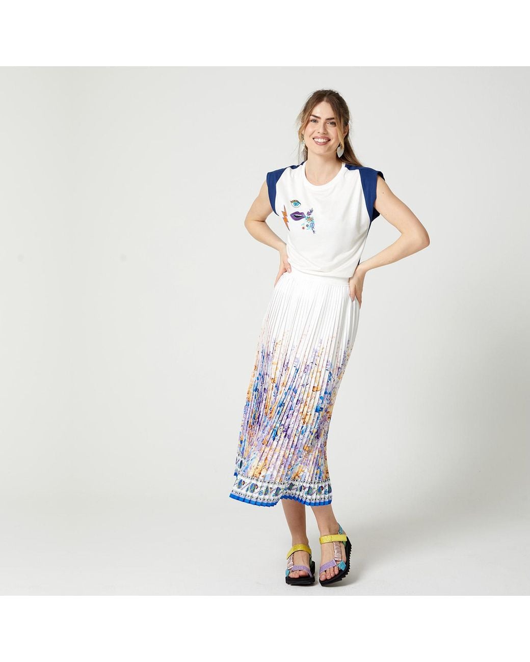 Lalipop Design Blue Floral-Print Pleated Recycled Fabric Maxi Skirt