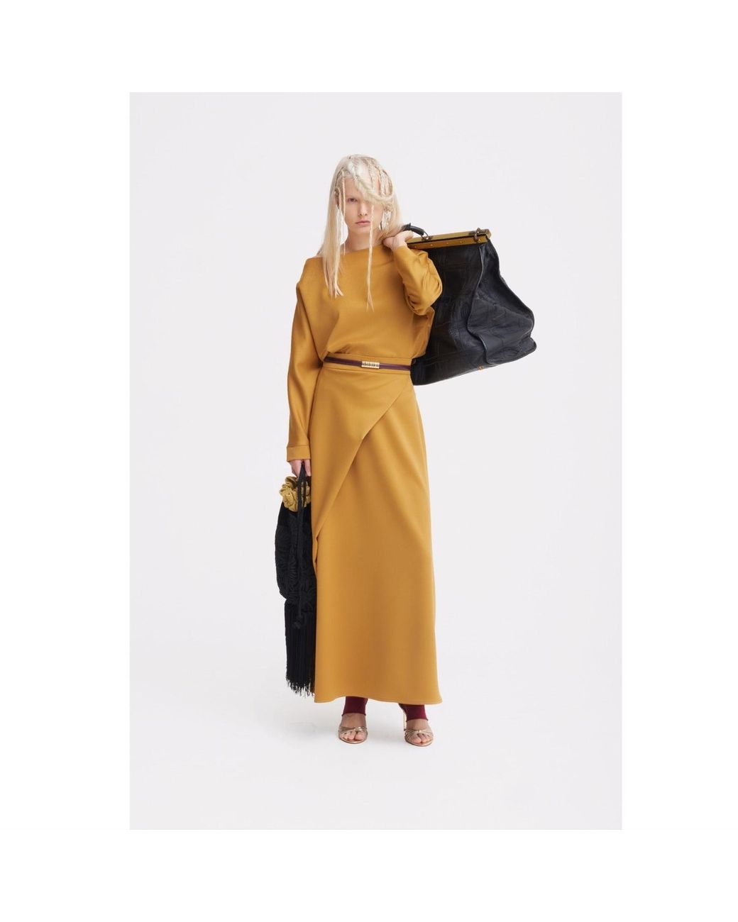 Julia Allert Brown Draped Boat-Neck Blouse & Wrap Midi Skirt Set – Mustard
