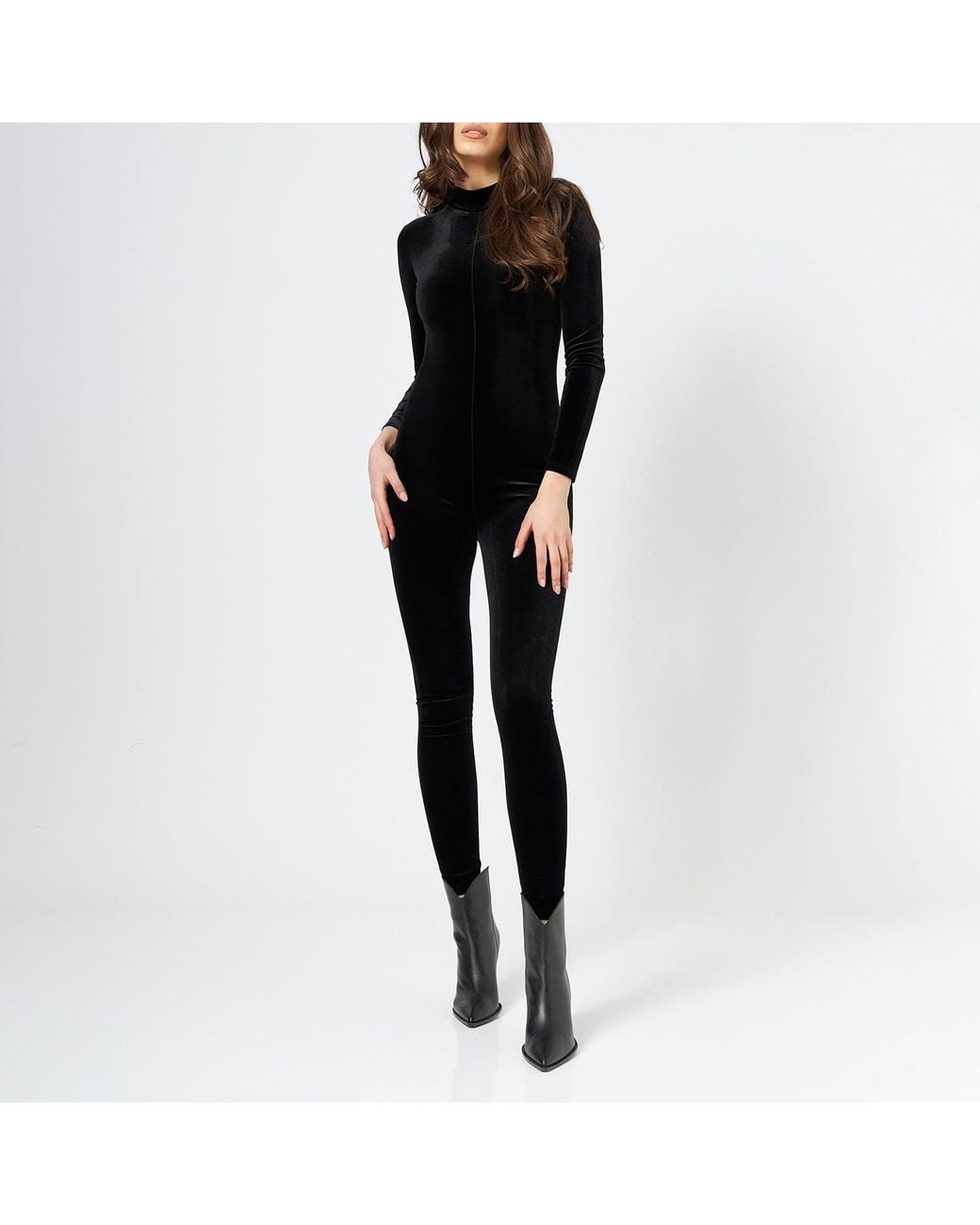 LIA ARAM Black Velvet Jumpsuit With High Neckline