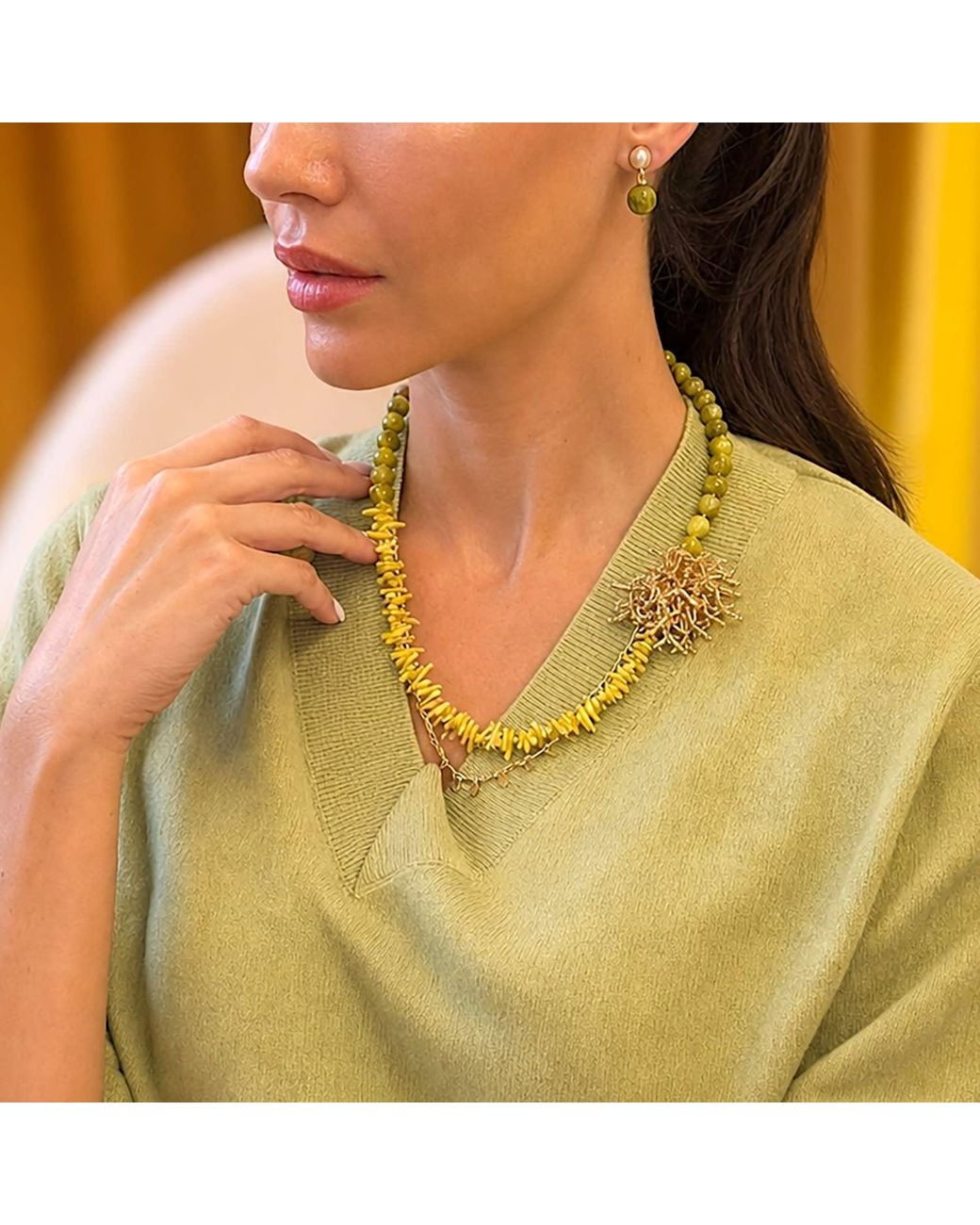 Farra Metallic Boho Chic Opal And Bamboo Coral With Removable Pin Necklace