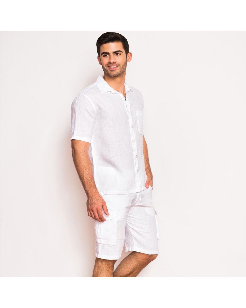 Haris Cotton Natural Neutrals Short Sleeved Front Pocket Linen Shirt-Beach Sand for men