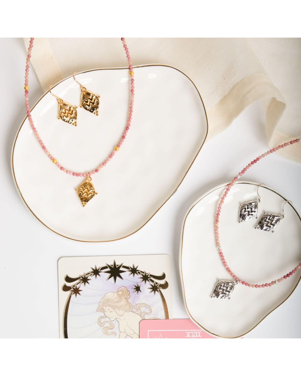 Seven Saints Metallic Aquarius Gemstone Choker Necklace, Rhodonite, Rhodium Plated