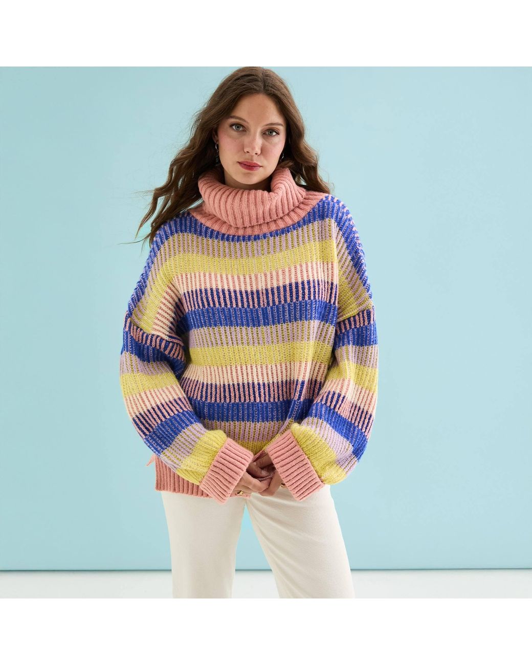 Cara & The Sky Blue Tasha Oversized Balloon Sleeve Stripe Roll Neck Jumper