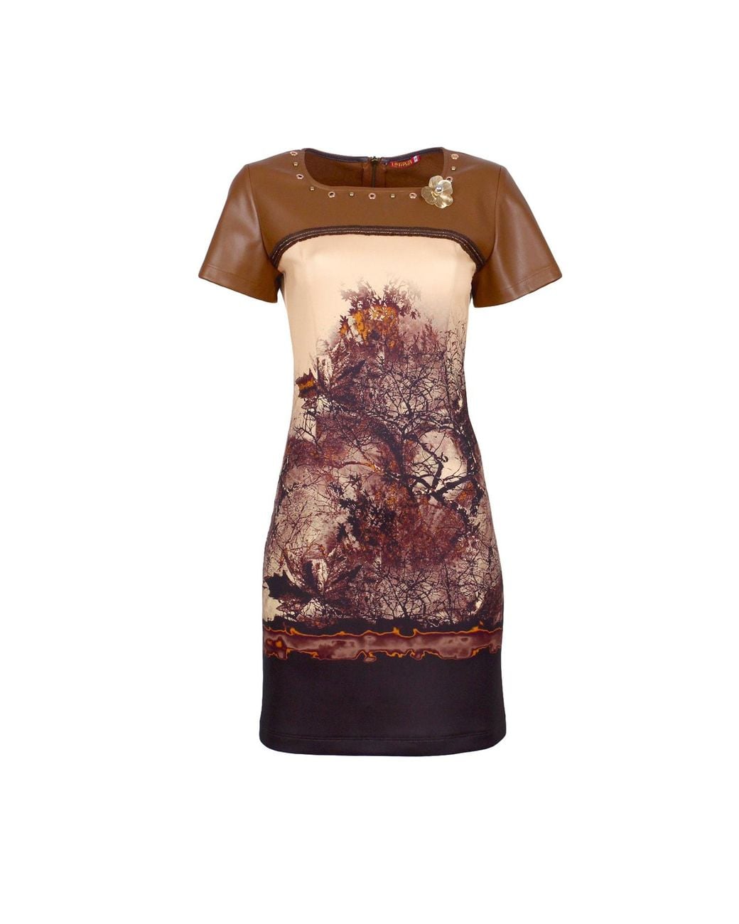 Lalipop Design Red Neutrals All-Over Graphic Print Short Sleeve Dress Panelled With Vegan Leather