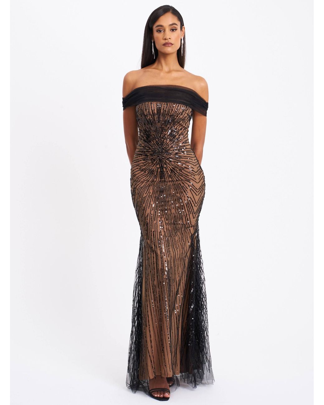 Miss Circle New York Black Qeturah Embroidered Sequin Off Shoulder Mesh Gown
