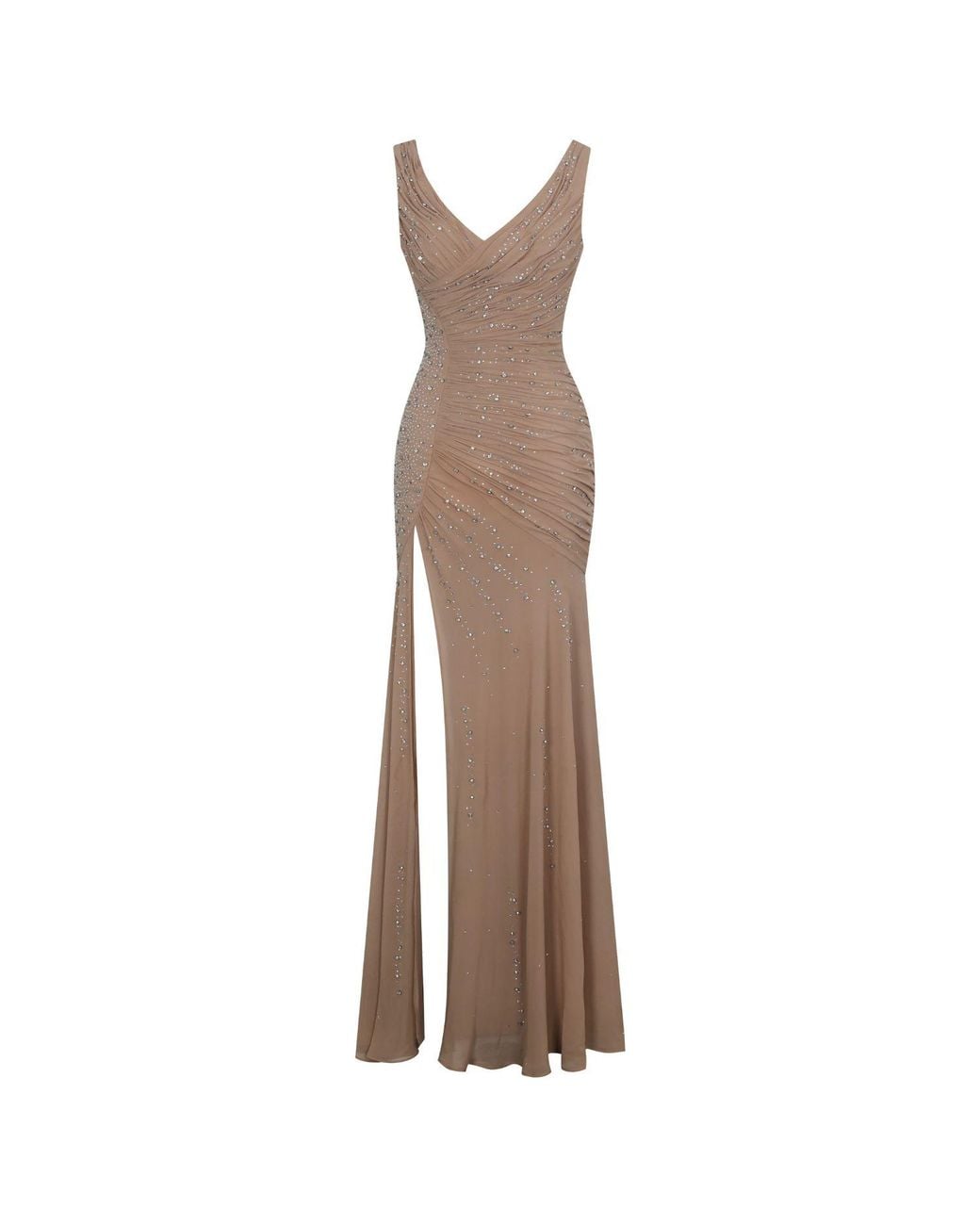 Miss Circle New York Brown Neutrals Viveca Apricot Crystal-Embellished Asymmetrical Ruched Maxi Dress